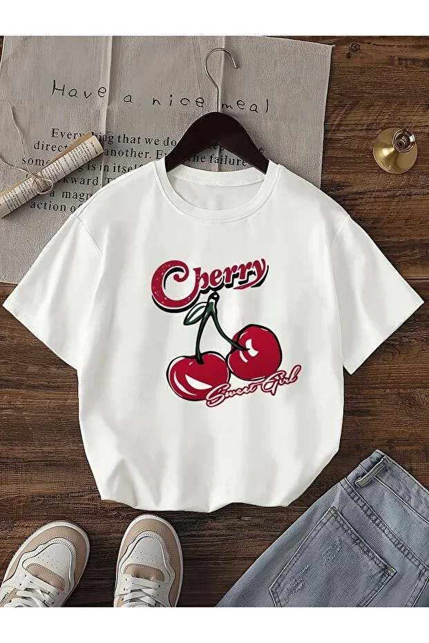 Cherry Design Kids T-Shirt - White Print Oversize Summer Short Sleeve T-Shirt Crew Neck