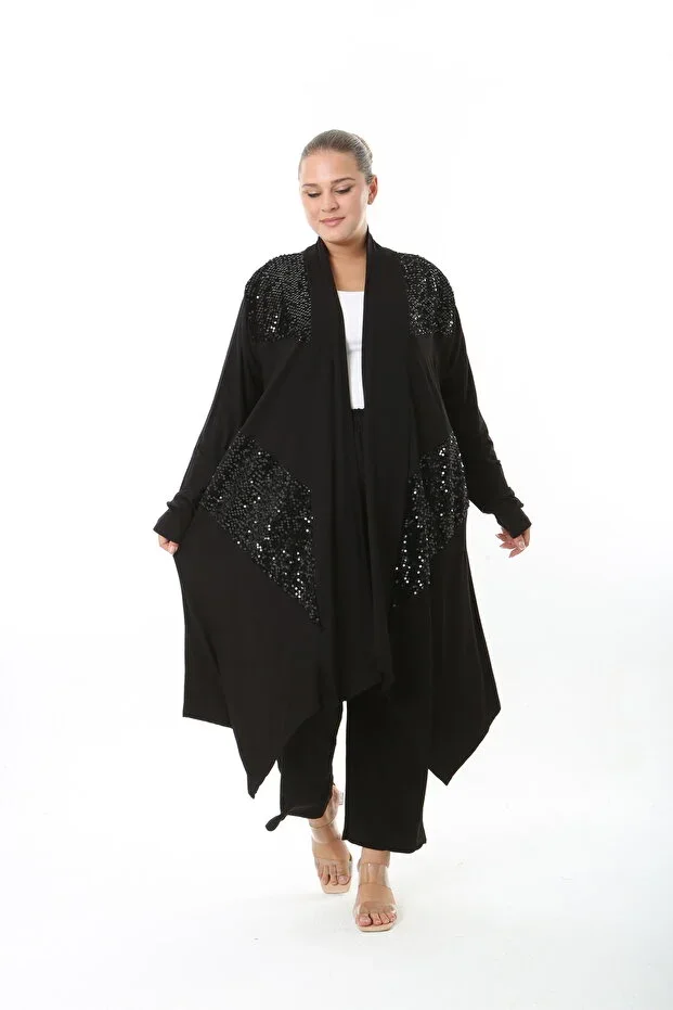 WOMEN'S STRETCH VISCOSE BLACK SEQUIN DETAIL PLUS SIZE CARDIGAN