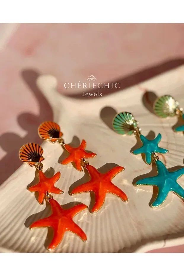 Orange - Starfish & Oyster 2-Piece Long Earrings