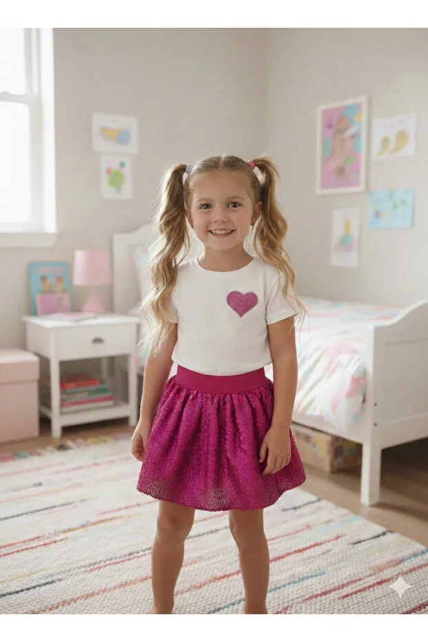 Girls Pink Heart Pattern Sequin Birthday Casual Cotton Princess Set