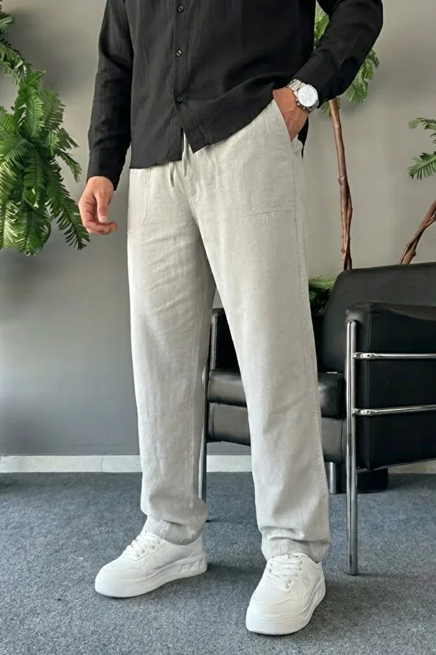 Men's Comfortable Summer Grey Loose Fit Linen Trousers