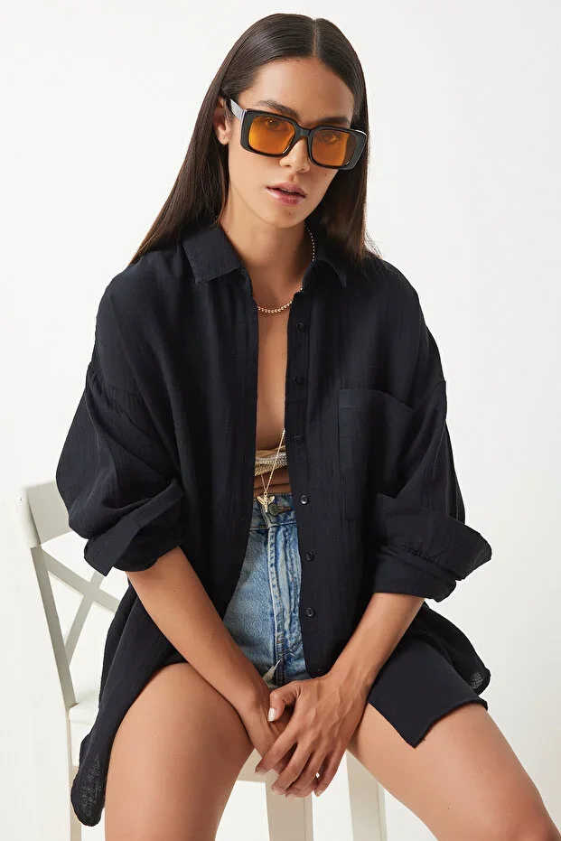 Lovelyİstanbul Oversize Basic Muslin Shirt BLACK LMX0002