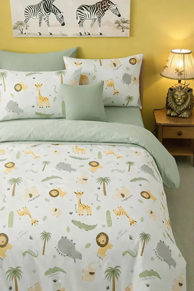 FITTED SHEET SINGLE BED CHILDREN'S DUVET COVER SET ELEPHANT GIRAFFE LION