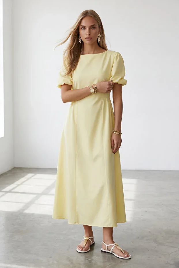 Women's Yellow Side Ruched Belted Balloon Sleeve Woven Dress Alc-X15521