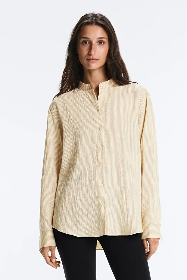 Oysho Striped Mandarin Collar Shirt in Modal Blend