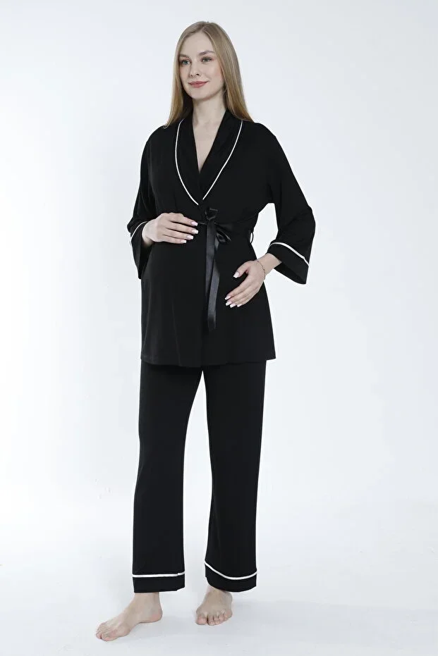 Front-Tied Wide-Band Collar Maternity and Postpartum Pajama Set