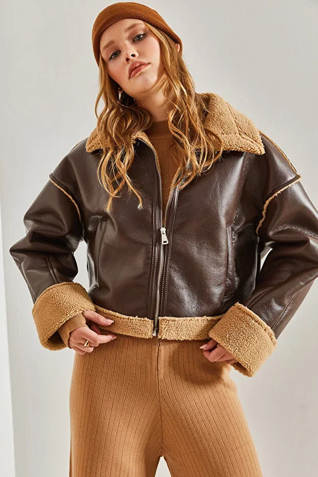 Women's Furry Side Pocket Leather Jacket 40941022