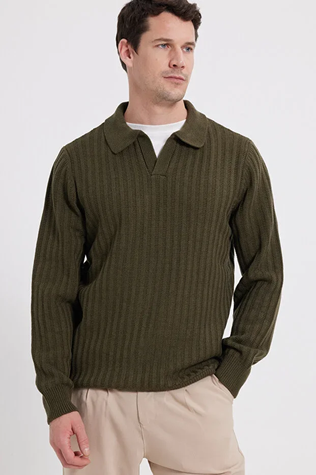 Men's Standard Fit Normal Cut Polo Neck Khaki Sweater