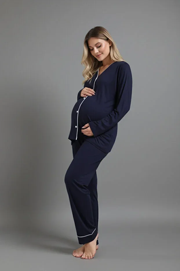 Ribbed Bamboo Fabric Long Sleeve Buttoned Loose Set – Suitable for Pregnancy
