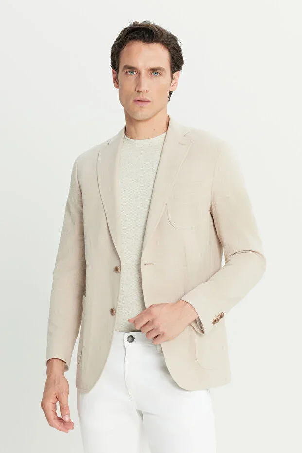 Men's Beige 100% Cotton Slim Fit Mono Collar Blazer Jacket with Patch Pockets