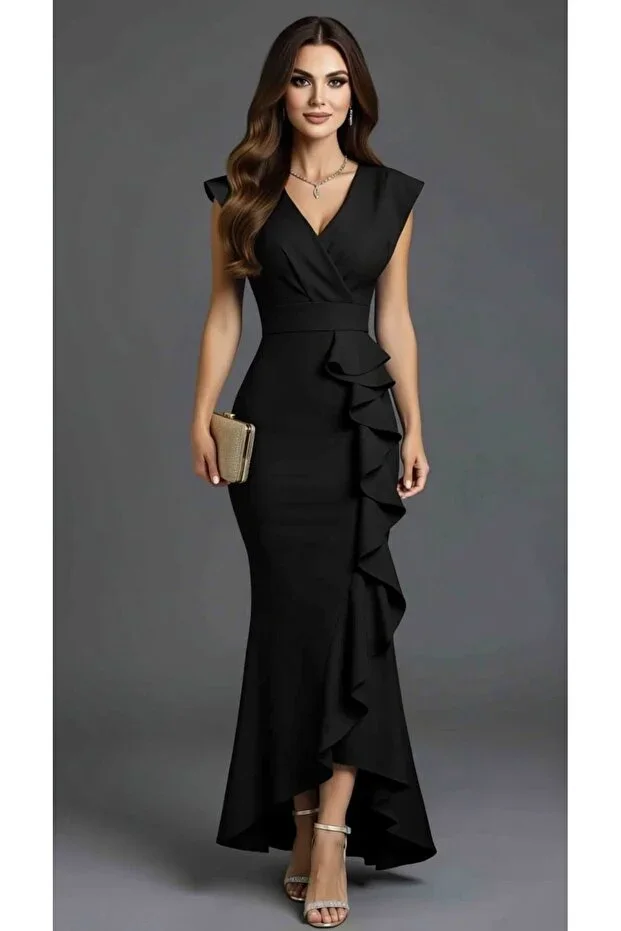 modakyra Women Black Crossover Neck Skirt Voluminous Evening Graduation Wedding Dress