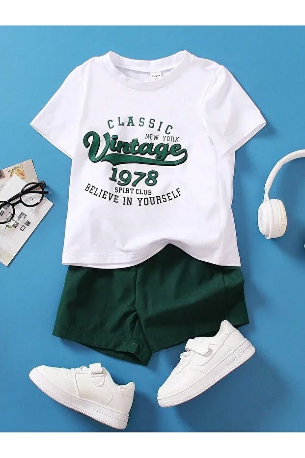 Vintage Printed Cotton Kids' Olive Green Shorts White T-shirt Set - Kids Summer Round Neck