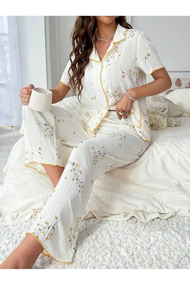 Floral Print Buttoned Daily Pajama Set with Pocket Detail