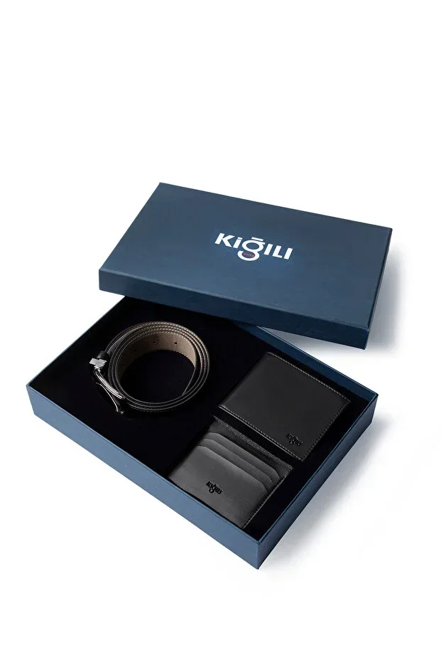Patterned 3-Piece Belt & Wallet & Card Holder Gift Box Set