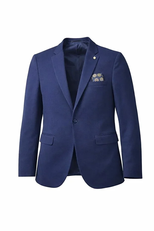 Men's Navy Mono Collar Lycra Blazer Jacket – Flexible Comfort Fabric, Single Button Slim Fit