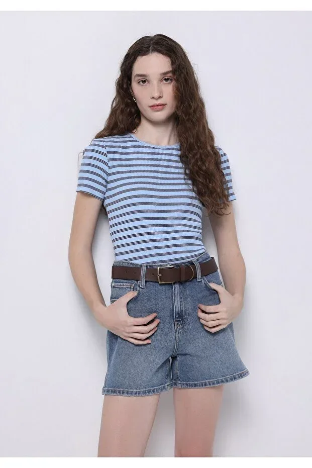 Slim Fit Round Neck Striped Women's Blue Short Sleeve T-shirt