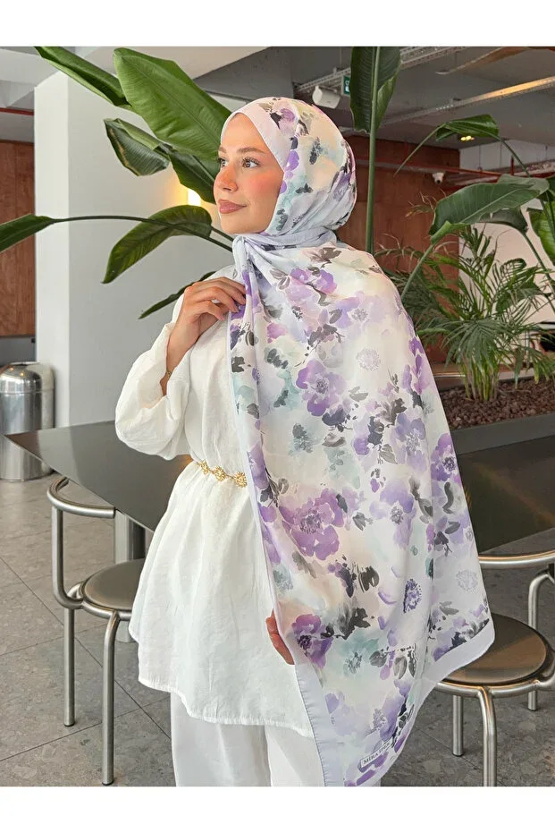 Cotton Purple Lilac Floral Pattern Digital Print Shawl Inspiration Series ps49