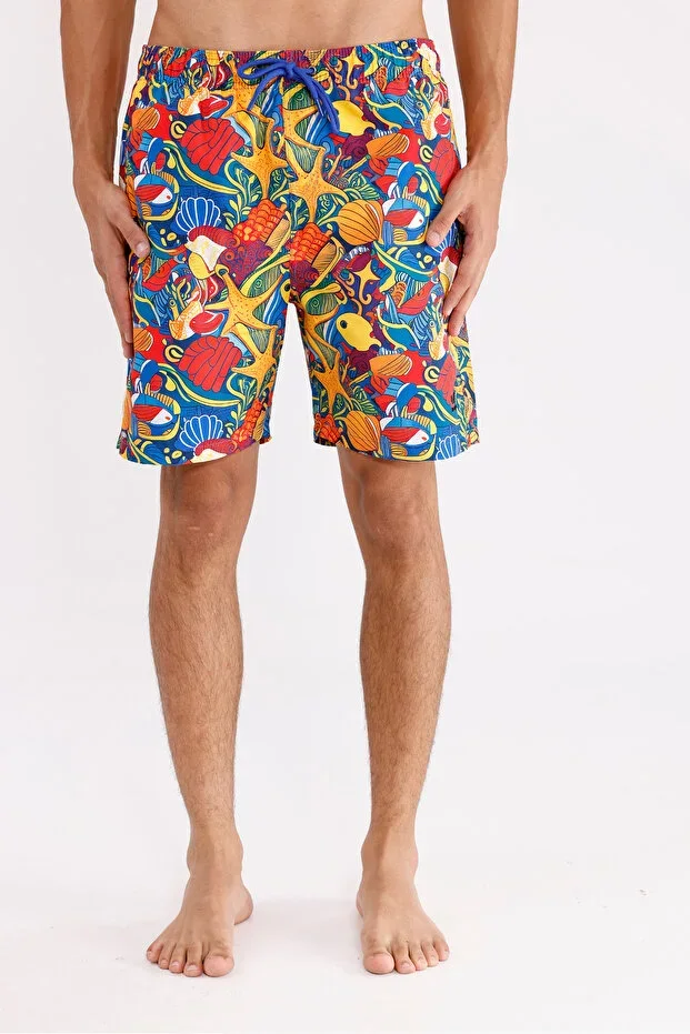 Sea-Themed Patterned Lightly Textured Drawstring Waist Adjustable Side Pocket Above Knee Comfortable Fit Swim Shorts