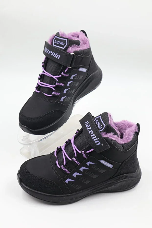 Girls' Woolen Purple Cold-Resistant Black Casual Boots