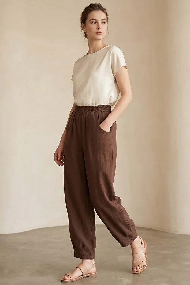 TOFİSA Pocket Muslin Loose Pants Coffee - 1325-COFFEE