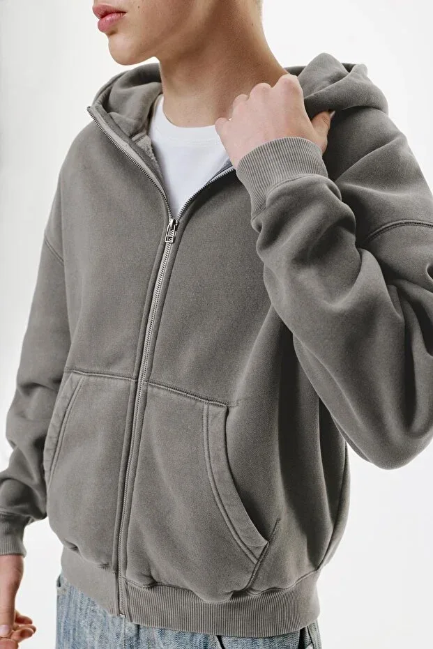 Zip-up washed boxy sweatshirt