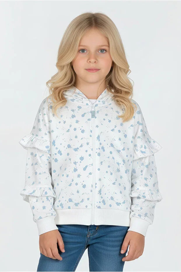 Girls Frilled Polka Dot Hooded Cotton Jacket White Blue Patterned