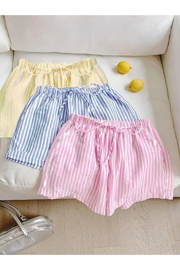 LOUİSA Women's 3-Pack Striped Woven Fabric Shorts (Pink-Blue-Yellow)