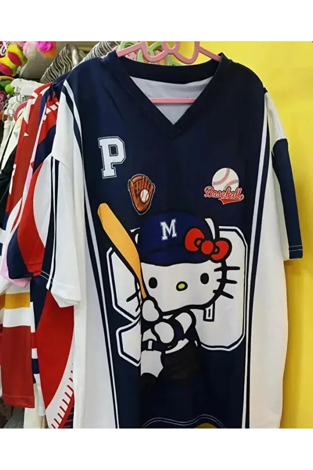 Navy Blue Kitty Baseball Print Detail Jersey Short Sleeve Uniform