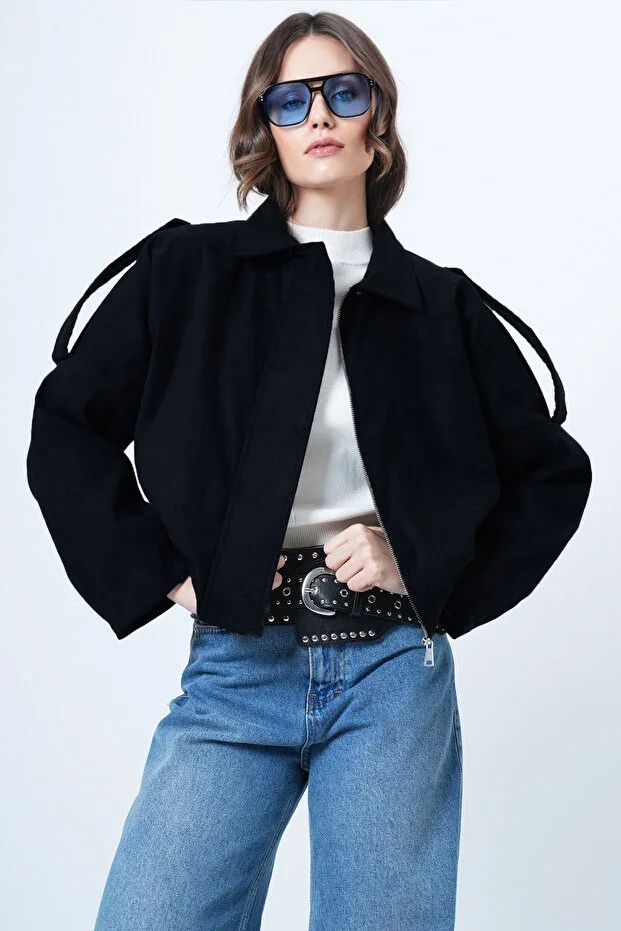 Black Shoulder Epaulet Lined Faux Suede Bomber Jacket ALC-X14526