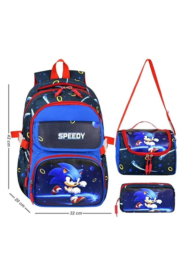 Waddell Leather Print Blue Sonic Themed Primary School Backpack, Thermal Lunch Bag and Pencil Case
