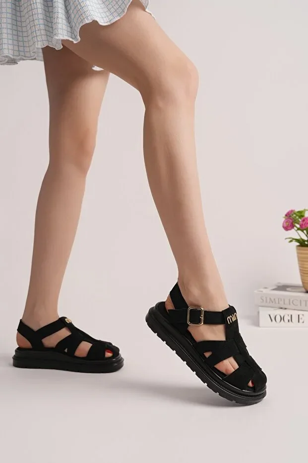 Women's Black Suede Gladiator Closed-Toe Sandals