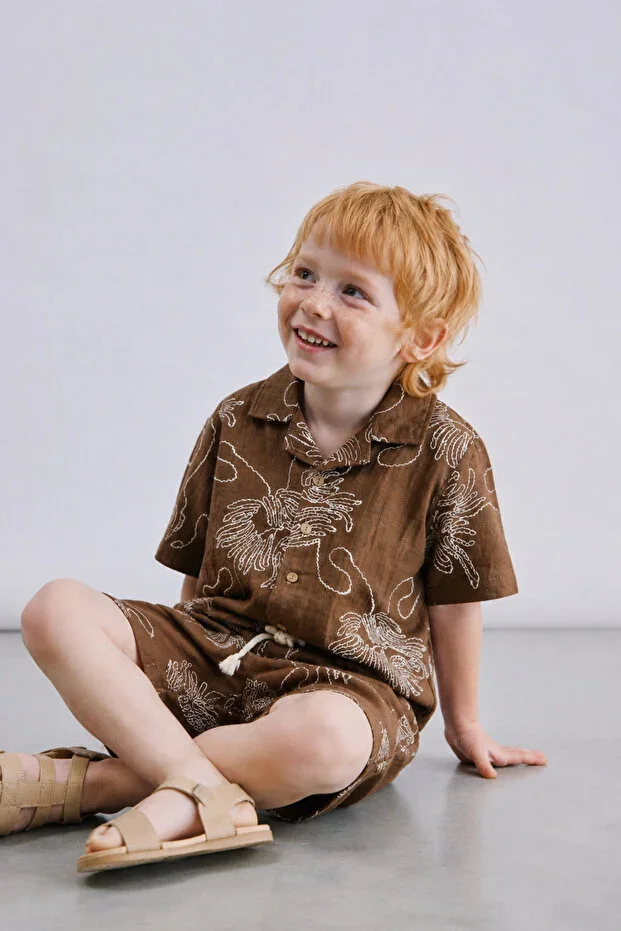 Boys' 2-Piece Set Embossed Print Muslin Shirt and Shorts Casual Special Occasions Summer