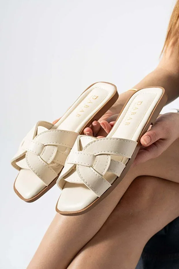 LINDA Women's Cream Square Toe Knit Strap Flat Sole Daily Slippers