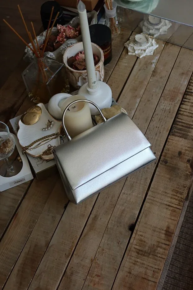 Women's Silver Leather Handbag & Shoulder Bag with Metal Handle Detail
