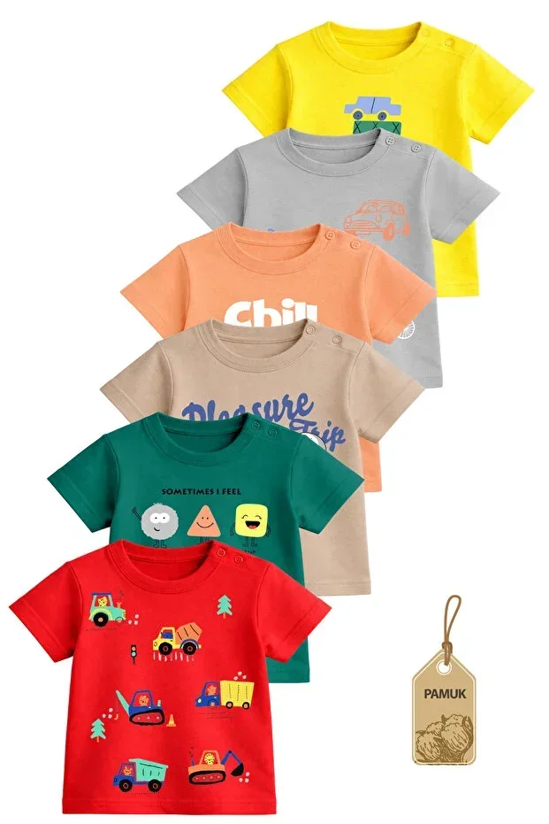 Baby T-Shirt Set - Girl Boy Baby Printed Short Sleeve Cotton Non-Sweating T-Shirt Set 6 pcs