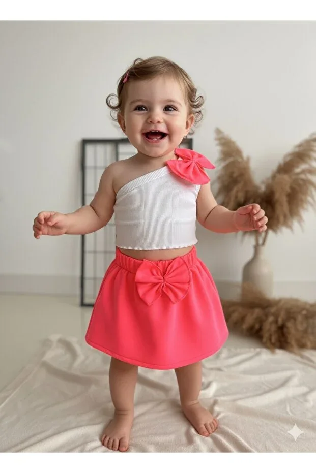 PINK BABY CHILD ONE SHOULDER CROP SKIRT SET SUIT SUMMER SUIT