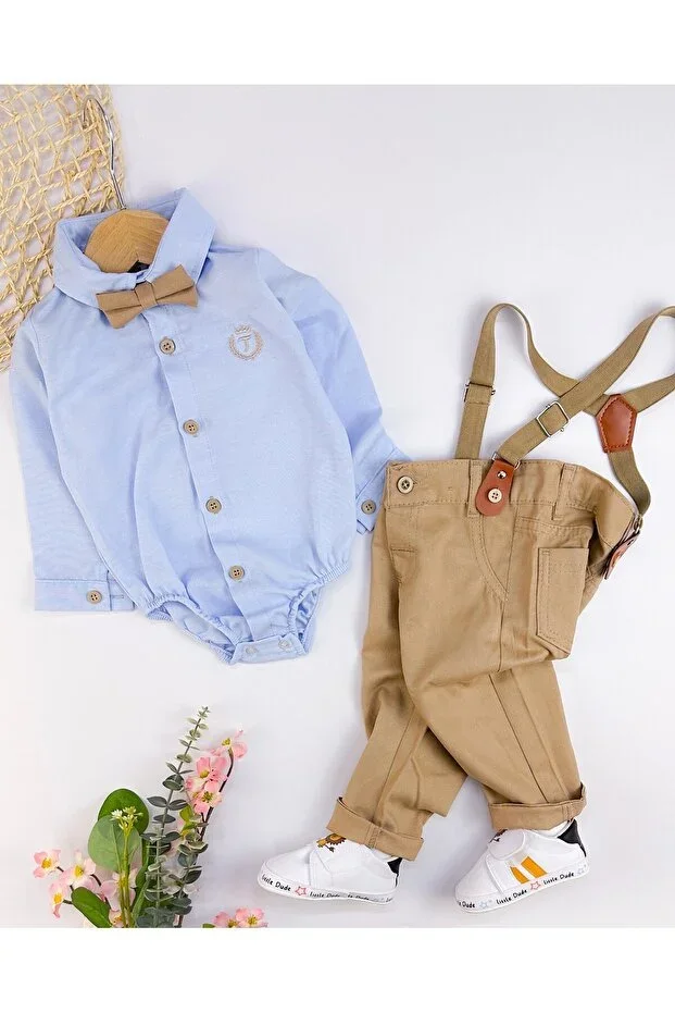 Seasonal holiday 4-piece set with removable bow tie and snap-buttoned bodysuit shirt