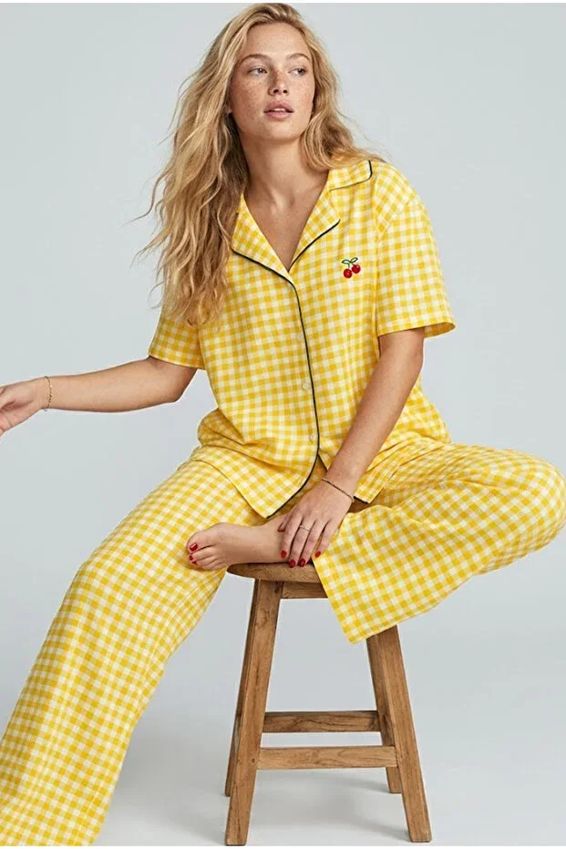 Yellow Plaid Embroidered Buttoned Trimmed Thin Soft Knit Pajama Set 8001