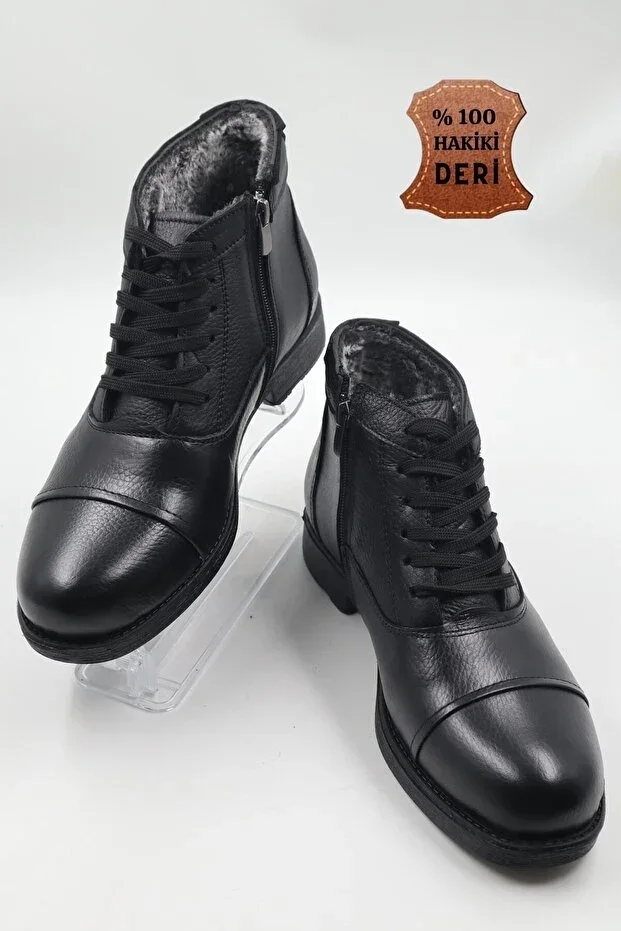 Men's Genuine Leather Black Daily Fur Lined Zippered