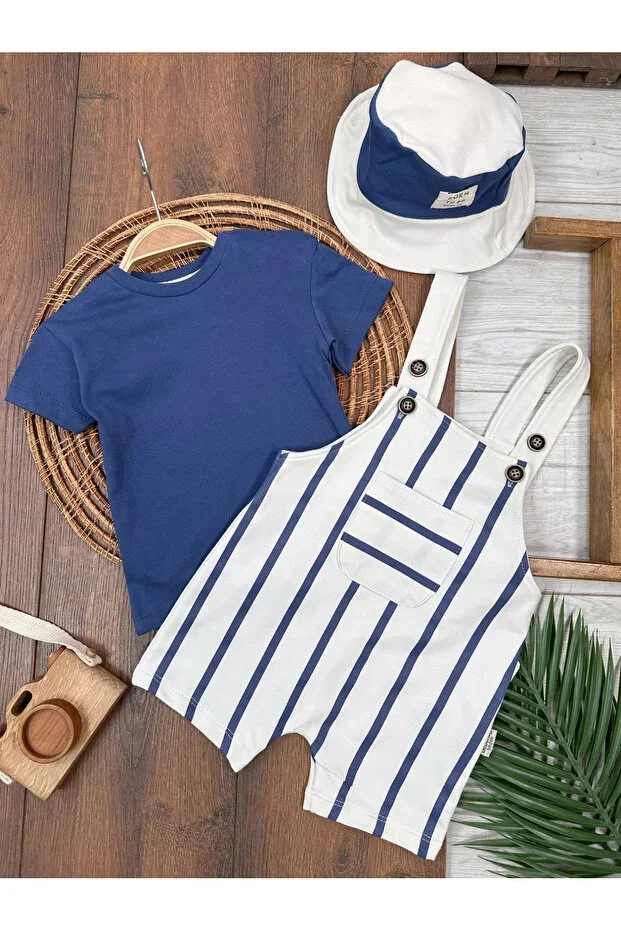 Striped Safari Hat Shoulder Snap Bodysuit Summer Boys Overalls Set