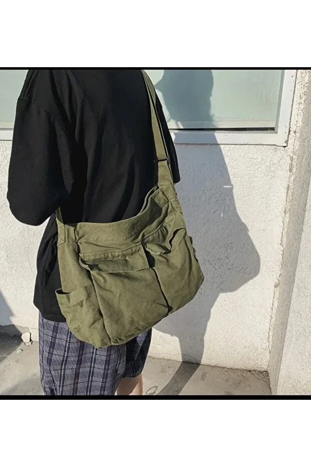 Harajuku Vintage Unisex Cargo Pocket Large Volume Khaki Green Messenger Bag