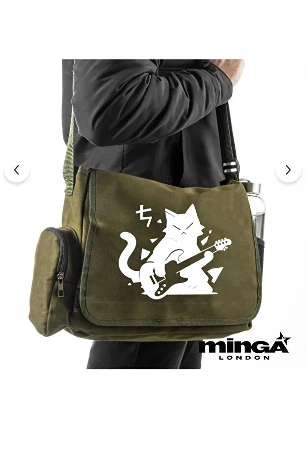 Khaki White Guitarist Print Postman Bag - Minga London