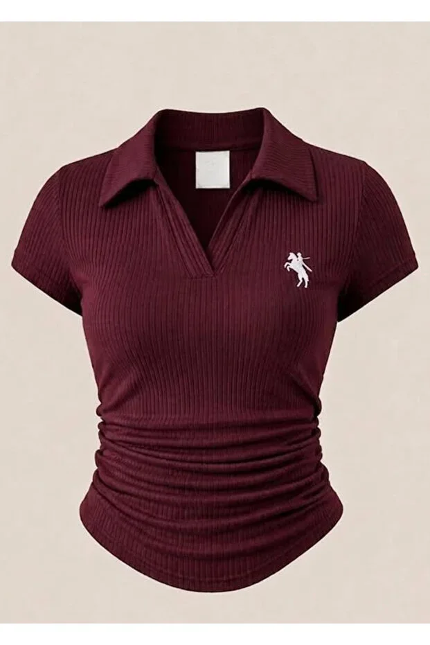 Gofeel Premium Embroidered Polo Neck Ribbed Lycra Blouse