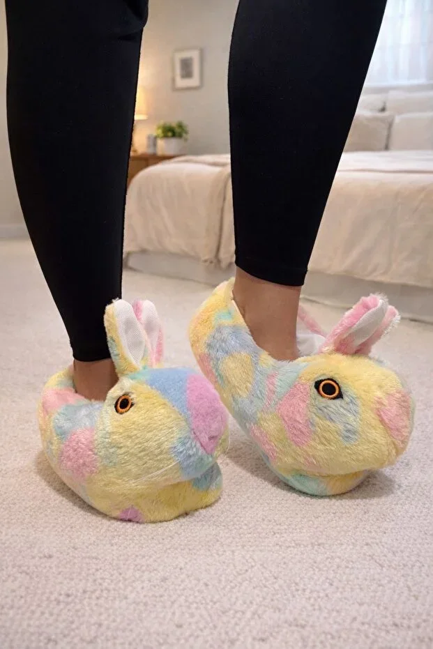 Rabbit Plush Slippers Women – Pastel Colored Soft House Slippers,, Cute Winter Warm Slippers