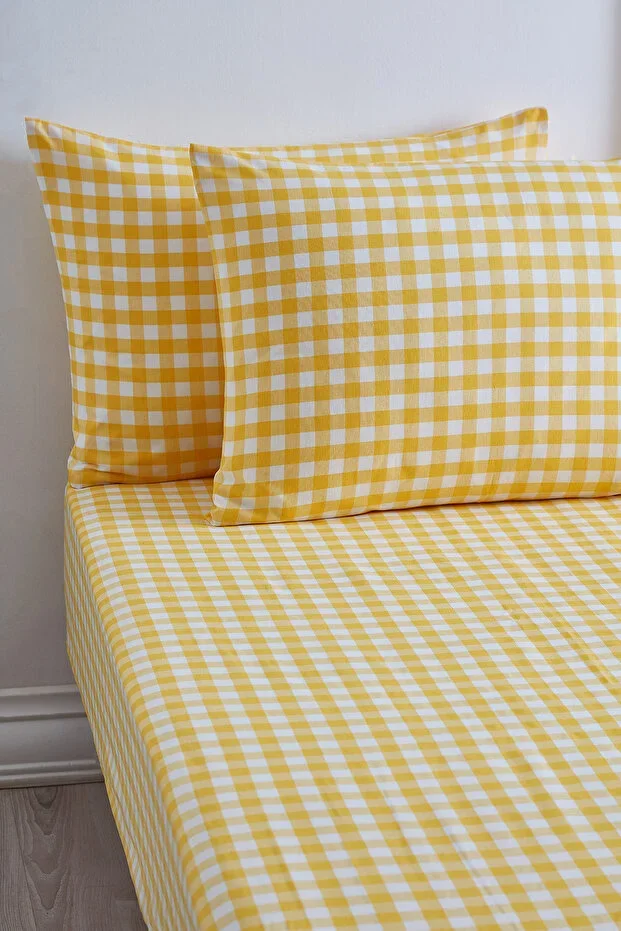 Plaid Yellow Elasticated Sheet Pillowcase Cotton Single - Double - King Size