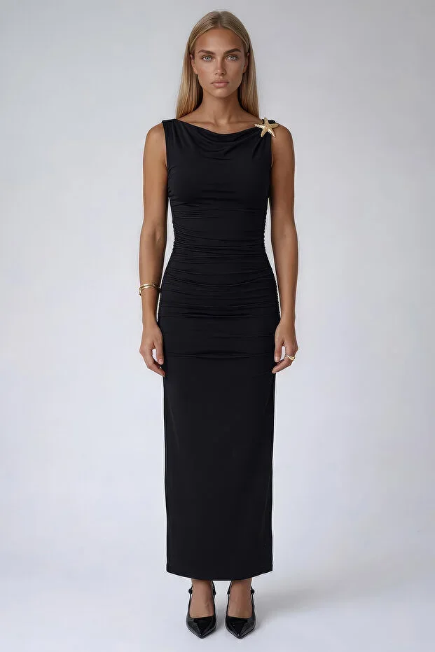 Black Back Detailed Drape Sandy Dress with Accessory Detail ALC-X15457