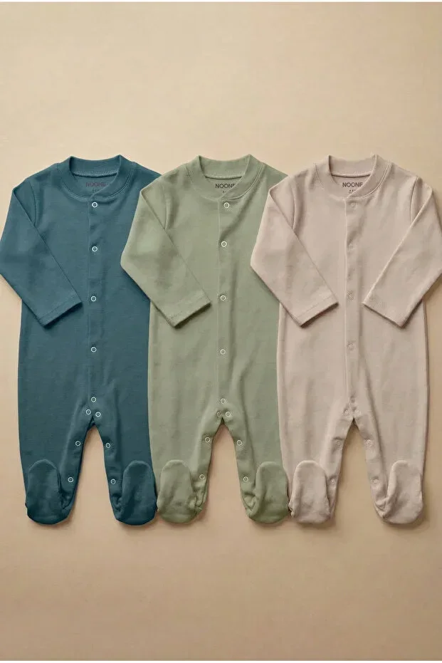 Cotton Loose Fit 3-Piece Baby Bodysuit Set - Khaki, Navy, Mink - Practical Snap Fastening Footed Bodysuit