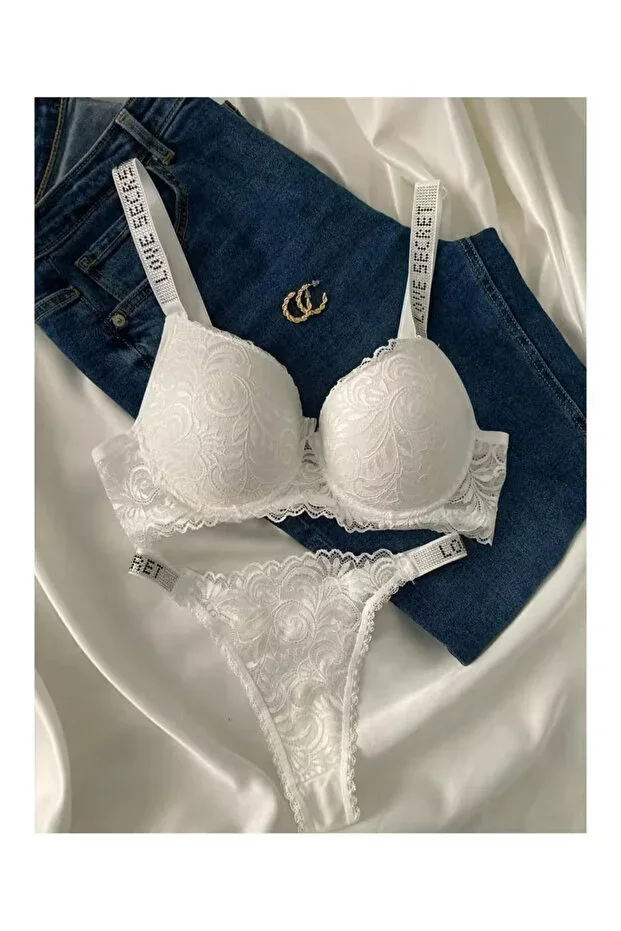 Women's Rhinestone Lace Padded Push-Up Bra Panty White Lingerie Set