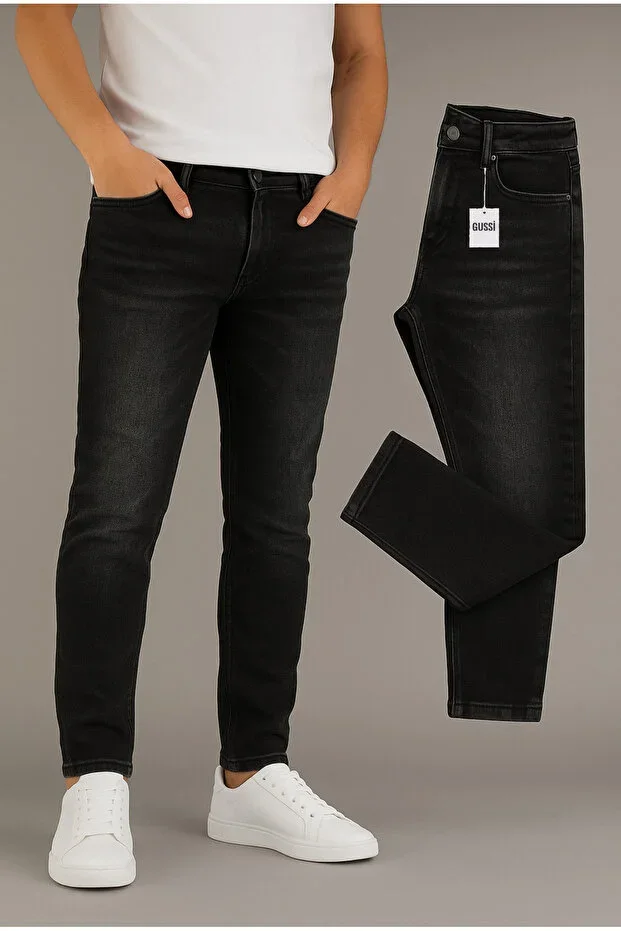 Men's Black Stone Washed Slim Fit Stretch Elastic Jeans Denim Trousers