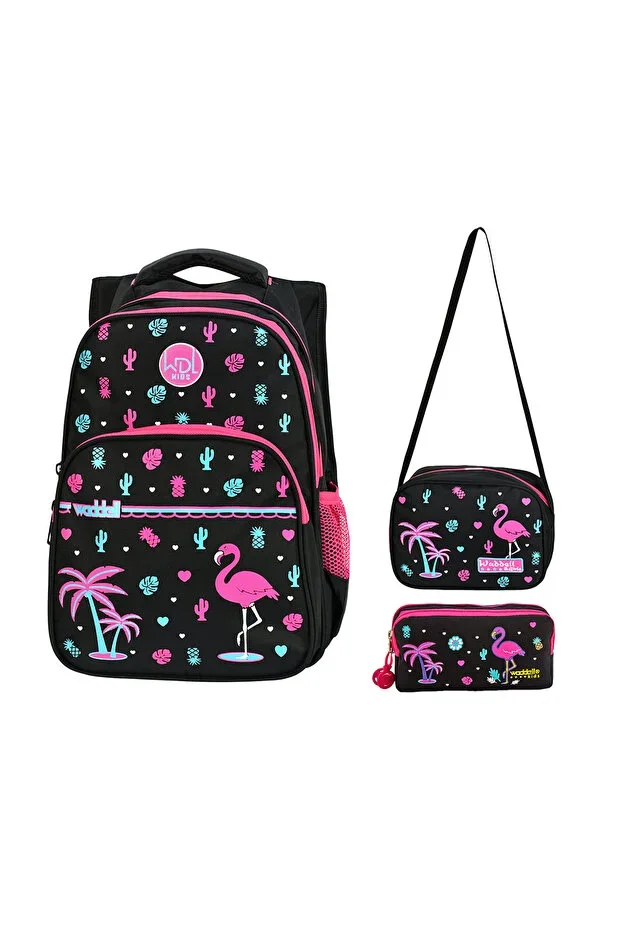 Licensed Water Green Flamingo Patterned Girls' Primary School Backpack, Lunch Bag, and Pencil Case